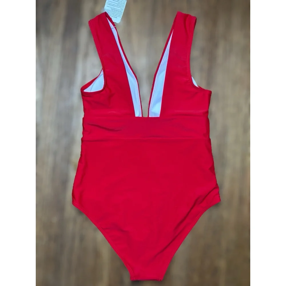 Cocoship Women's Size 6 Solid Red Plunging Neckline High Leg One Piece Swimsuit - Picture 2 of 16